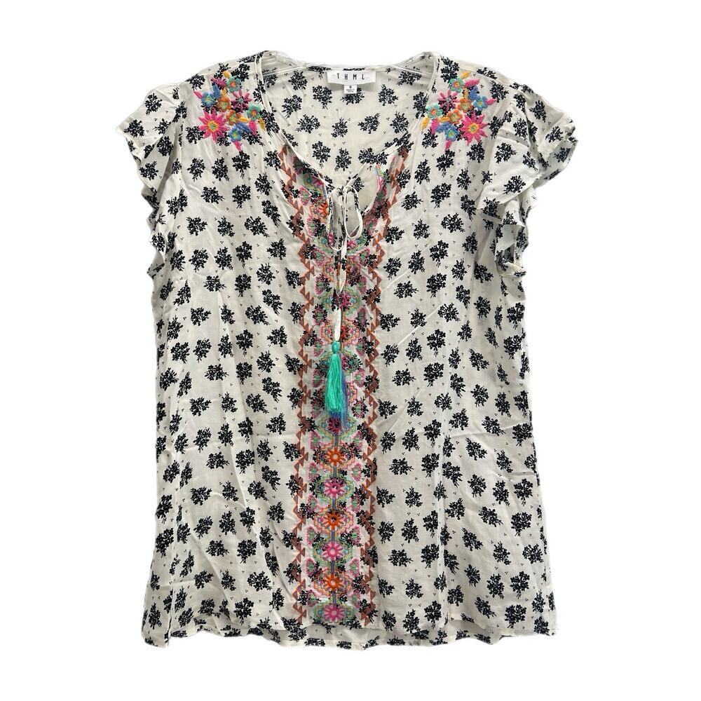 THML Embroidered Top Women Small Floral Tassels Tie Flutter Sleeve Boho Peasant